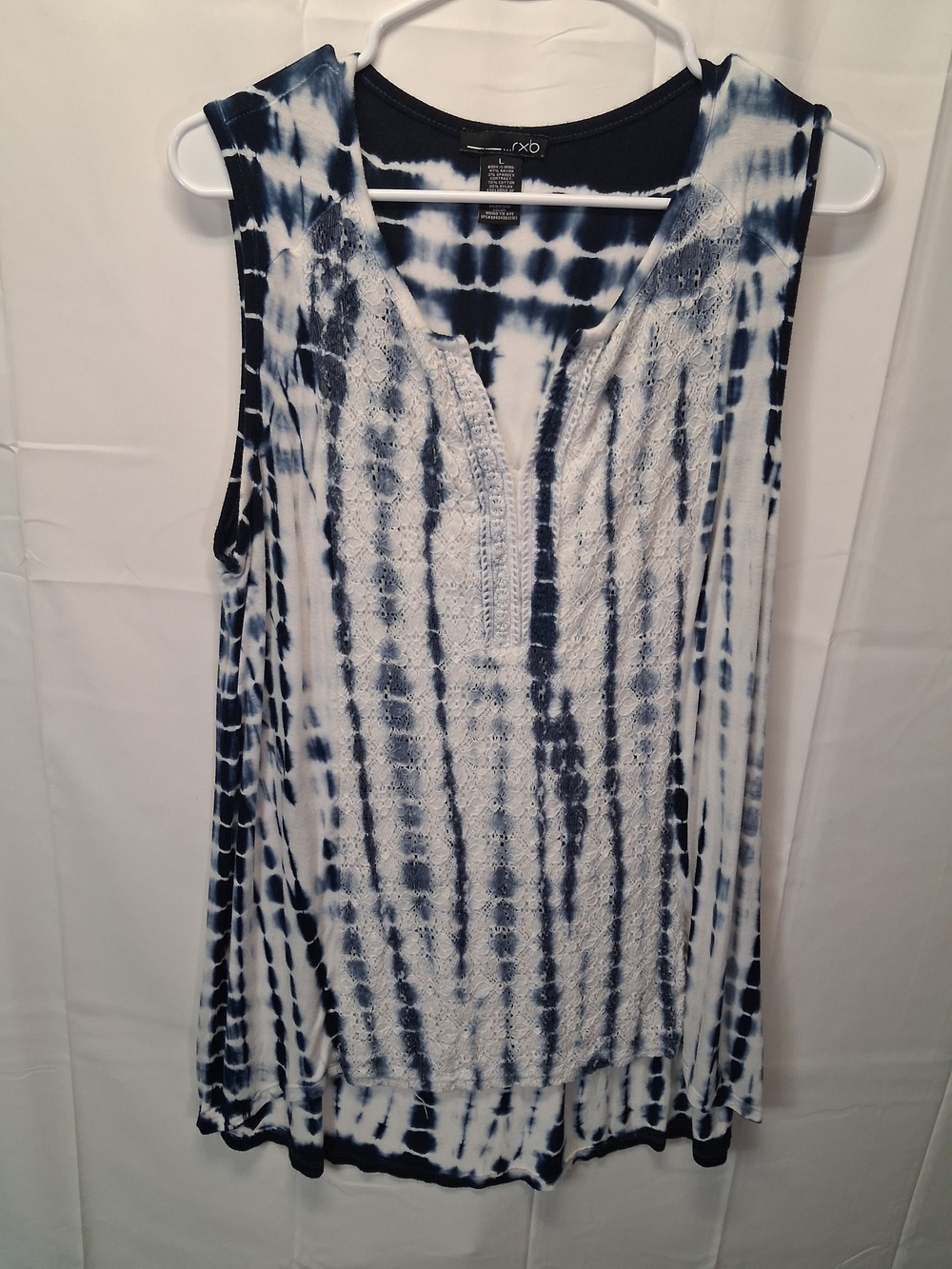 RXB Navy and White Tie-Dye Sleeveless Split-Neck Tank